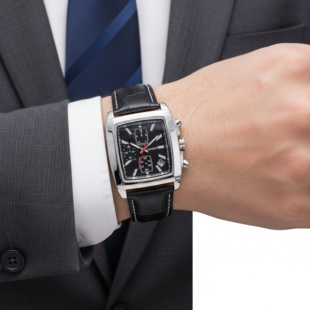 Stalen Chronograaf Horloge met Leren Band